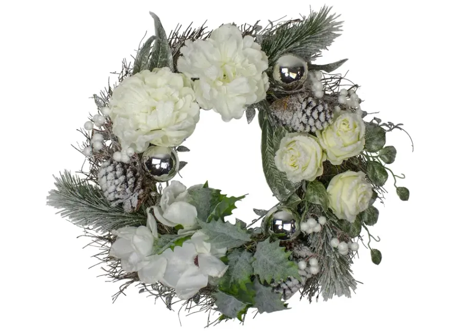 White and Silver Floral Flocked Pine Artificial Grapevine Christmas Wreath - 24-Inch  Unlit