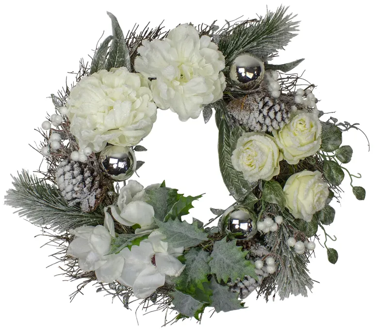 White and Silver Floral Flocked Pine Artificial Grapevine Christmas Wreath - 24-Inch  Unlit