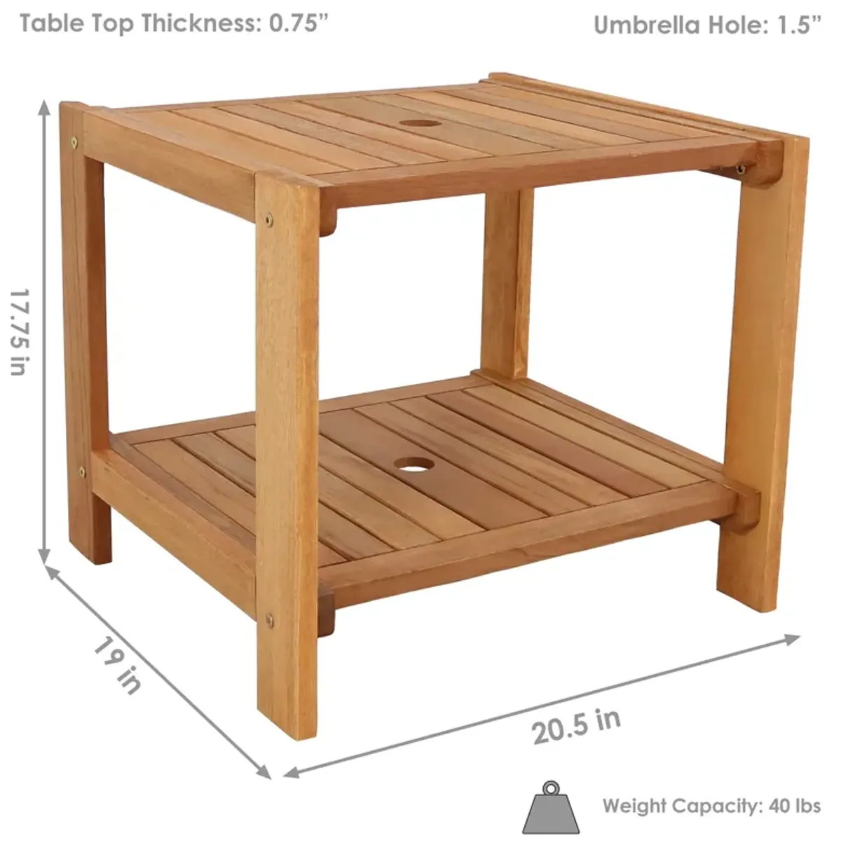 Sunnydaze 20.5 in Meranti Wood Square Patio Side Table with Umbrella Hole