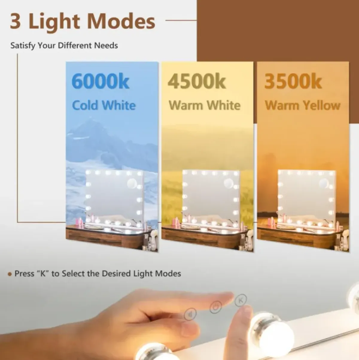 Hivvago Vanity Mirror with 18 Dimmable LED Bulbs and 3 Color Lighting Modes-White