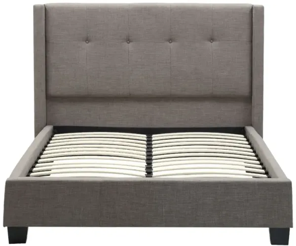 Adams Low Profile King Bed, Piped Edges, Tufted Linen, Gray - Benzara