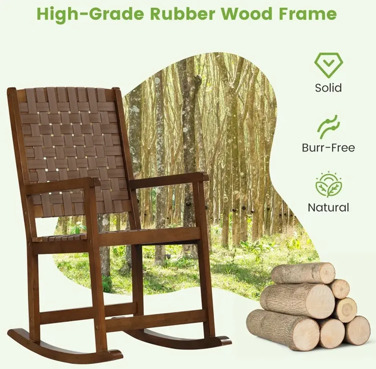 Patio Wood Rocking Chair with PU Seat and Rubber Wood Frame-Brown