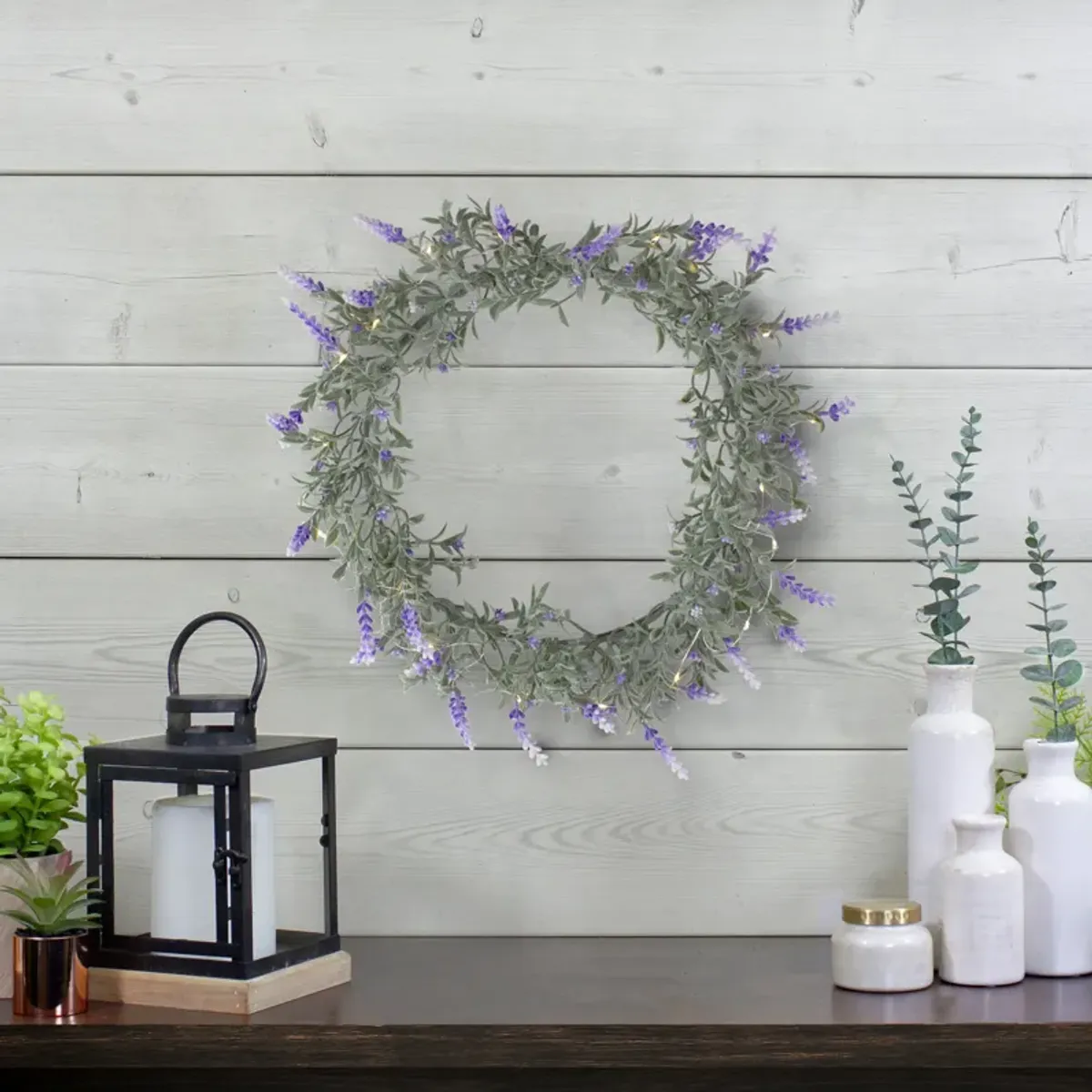 Pre-Lit Battery Operated Ombre Lavender Spring Wreath - 16" - White LED Lights