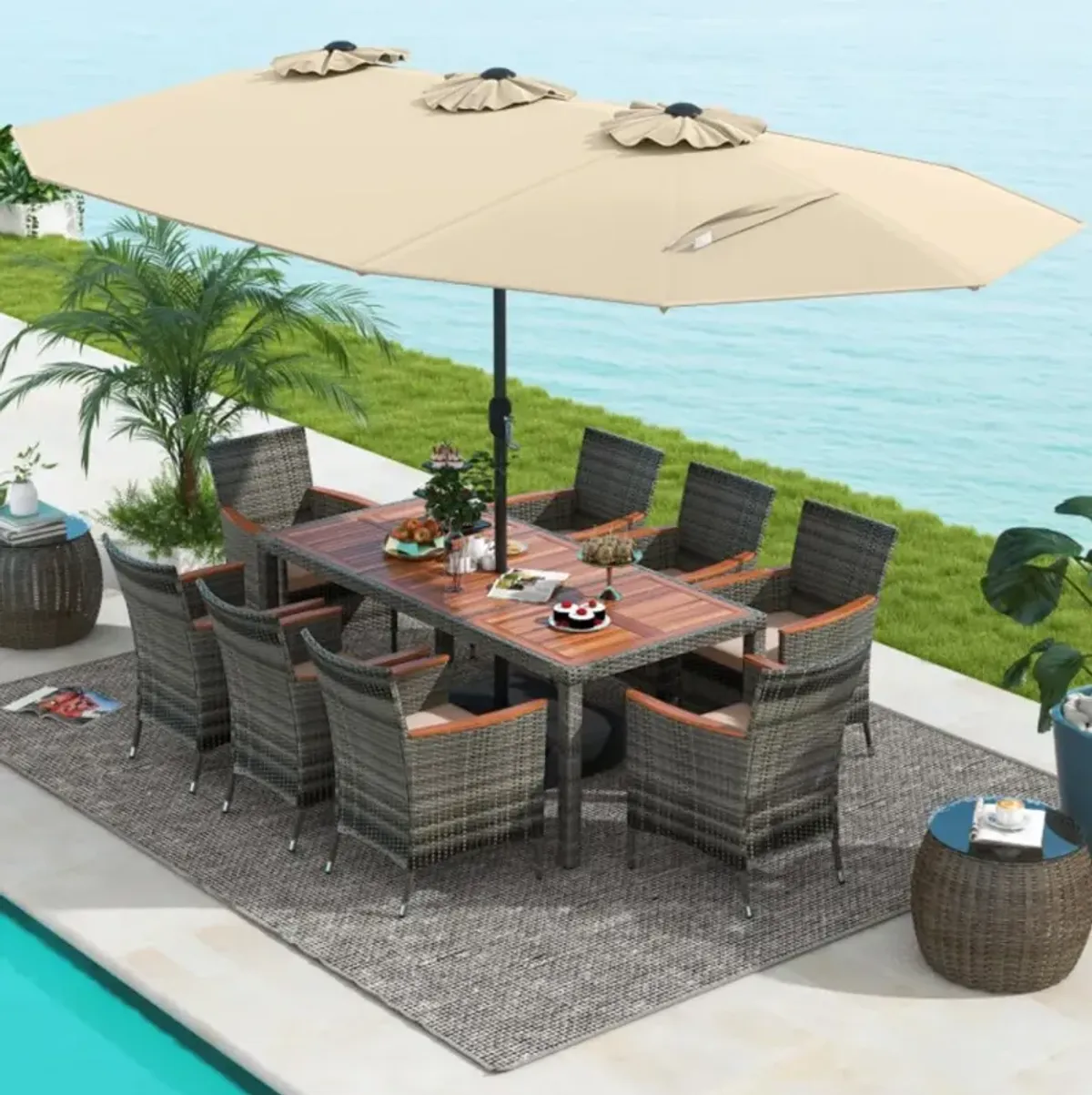 Hivvago 10 Pieces Patio Wicker Dining Set with 15 Feet Double-Sided Patio Umbrella