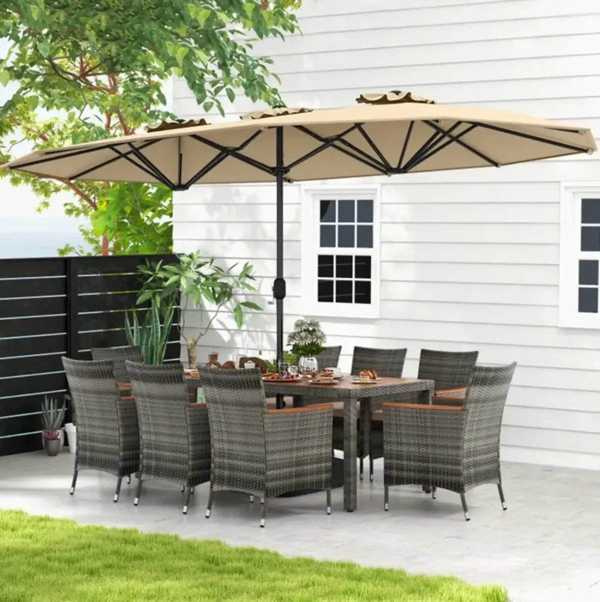 Hivvago 10 Pieces Patio Wicker Dining Set with 15 Feet Double-Sided Patio Umbrella