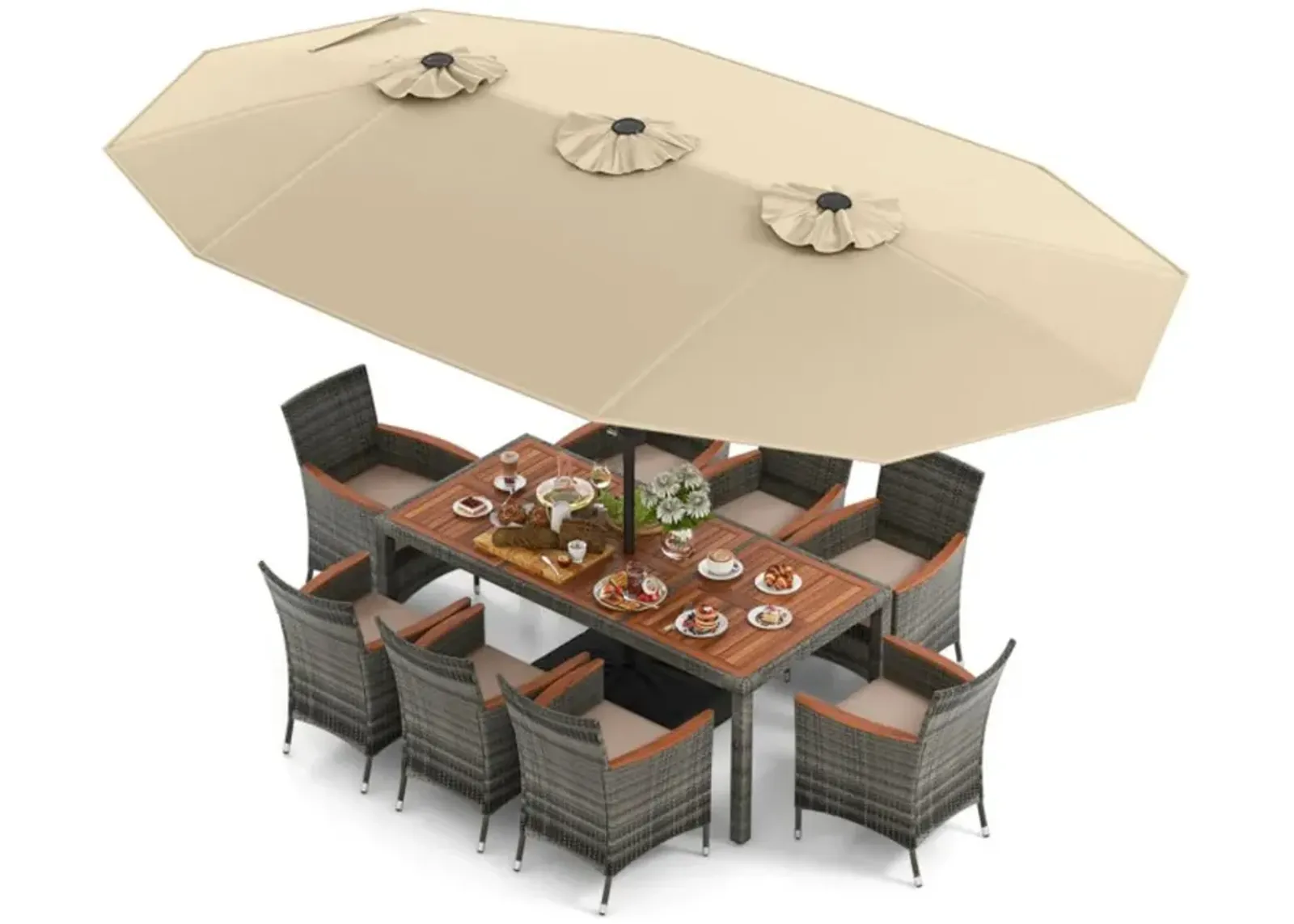 Hivvago 10 Pieces Patio Wicker Dining Set with 15 Feet Double-Sided Patio Umbrella