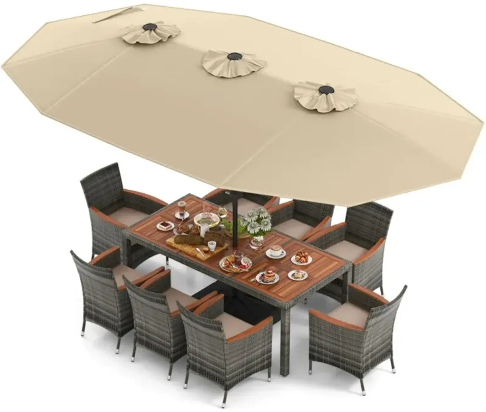 Hivvago 10 Pieces Patio Wicker Dining Set with 15 Feet Double-Sided Patio Umbrella