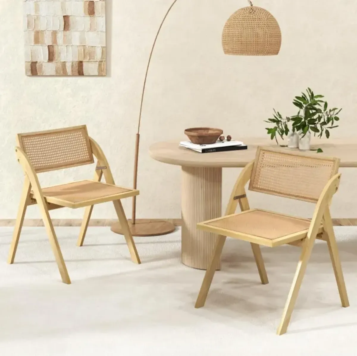 Hivvago Foldable Dining Chairs Set of 2 with Woven Rattan Backrest