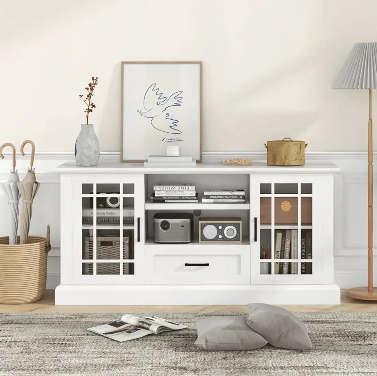 TV Stand for TVs up to 70" with Glass Doors, Cubbies, and Drawer Storage