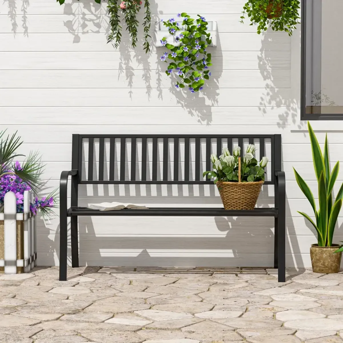 Poolside Duo Seat: 50" Black Metal Slatted Patio Bench for Two