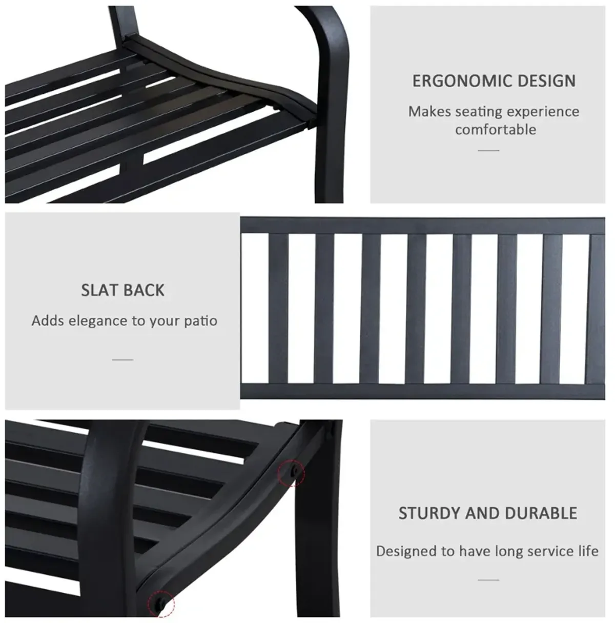 Poolside Duo Seat: 50" Black Metal Slatted Patio Bench for Two