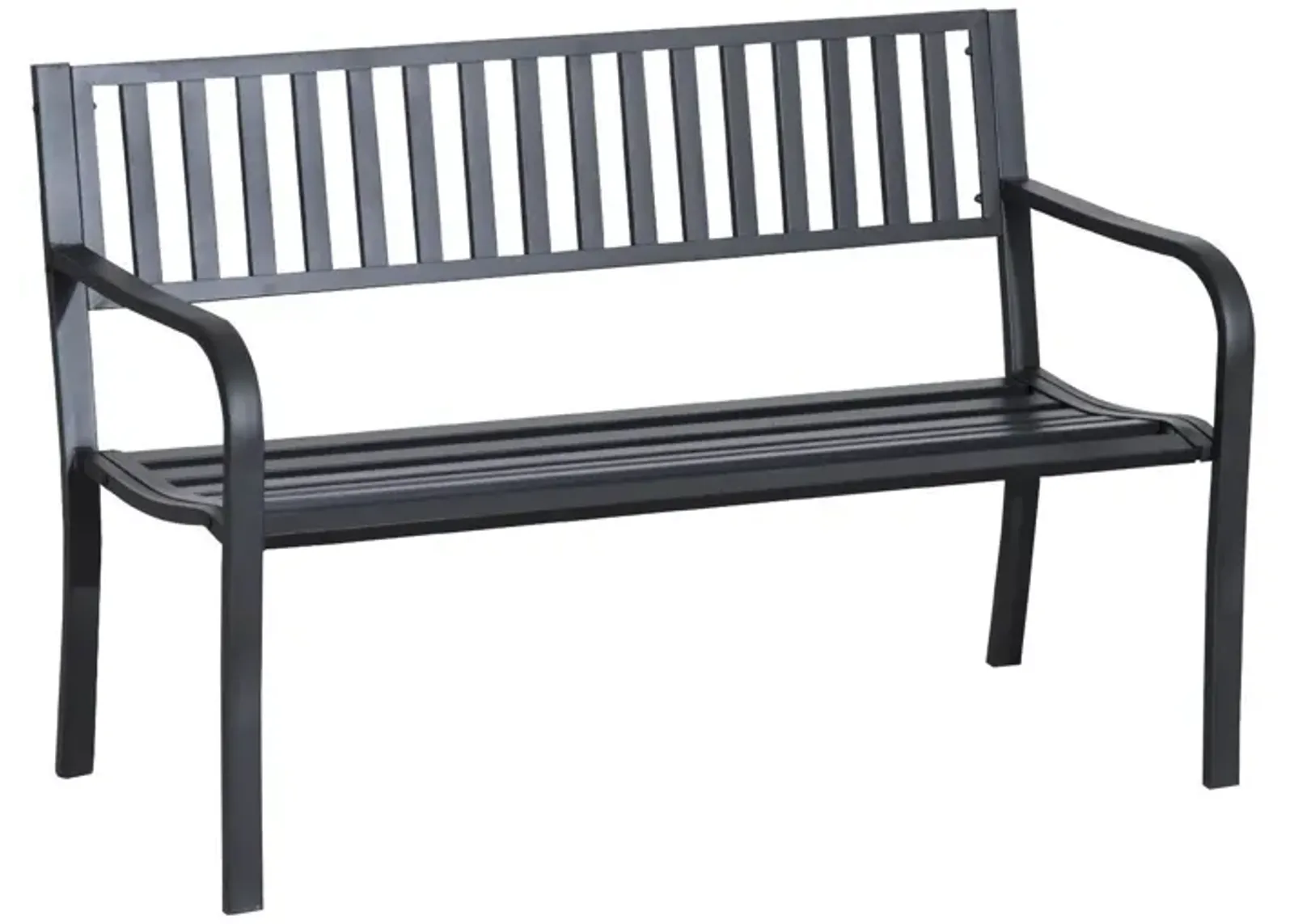 Poolside Duo Seat: 50" Black Metal Slatted Patio Bench for Two