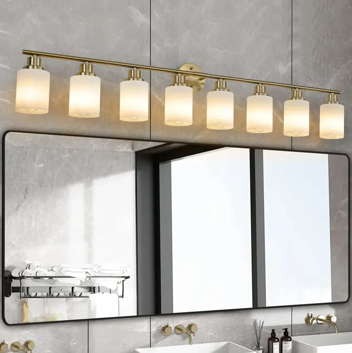 8-Light Golden Bathroom Vanity Light Fixture, Frosted Glass Shades, Modern Wall Mounted Lighting (No Bulbs)