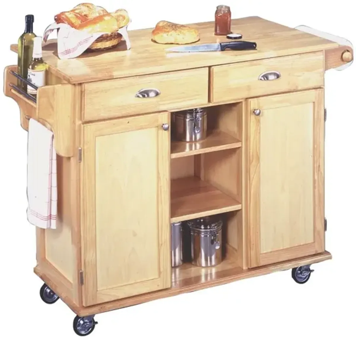 Natural Wood Finish Kitchen Island Cart with Locking Casters