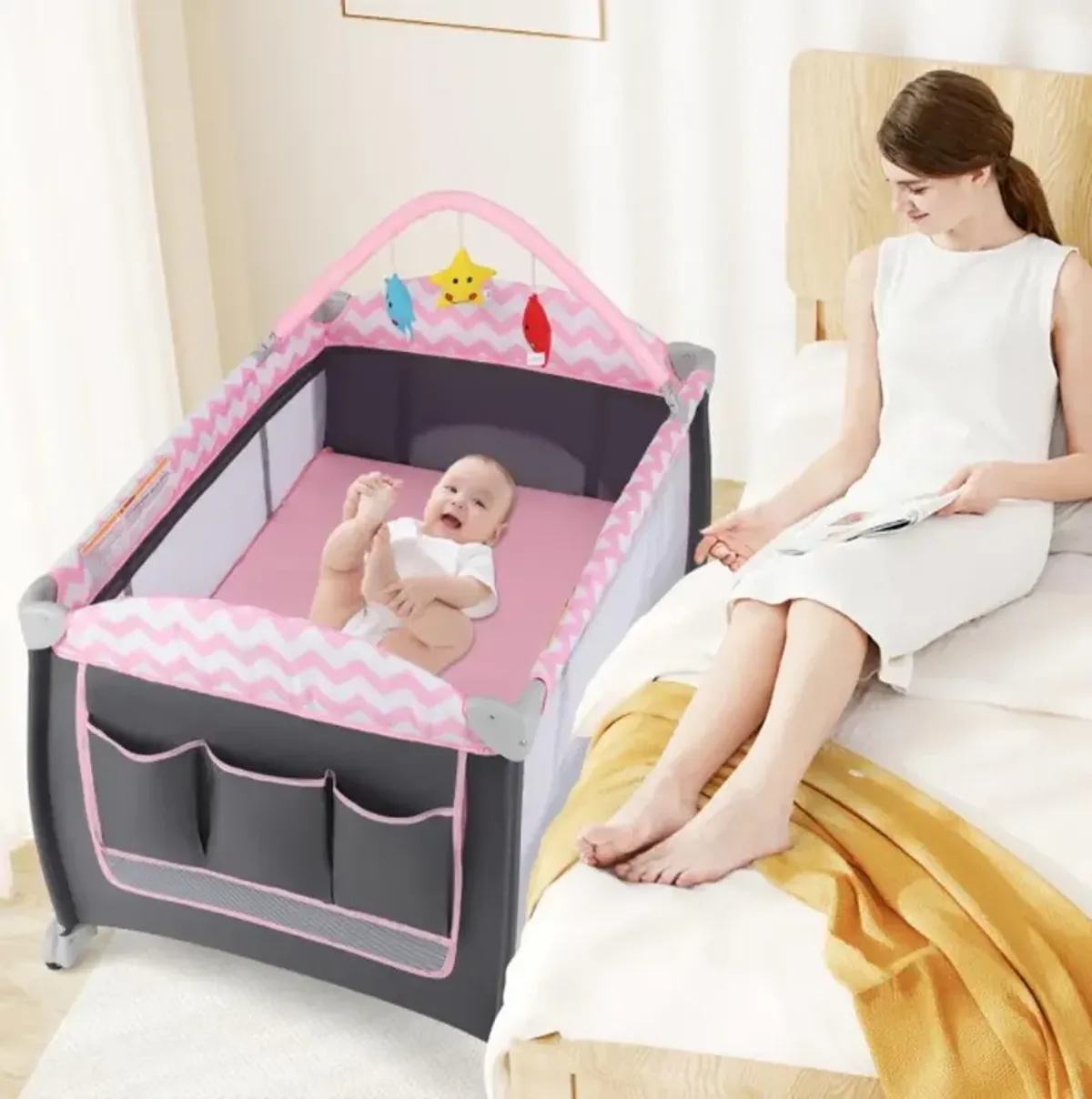 Hivvago 3-in-1 Portable Baby Playard with Zippered Door and Toy Bar