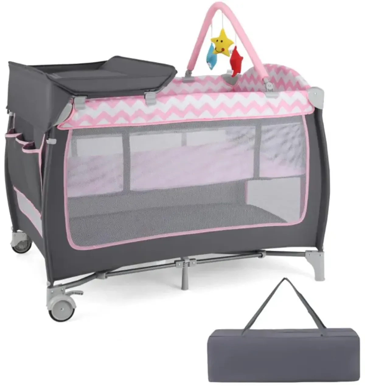 Hivvago 3-in-1 Portable Baby Playard with Zippered Door and Toy Bar