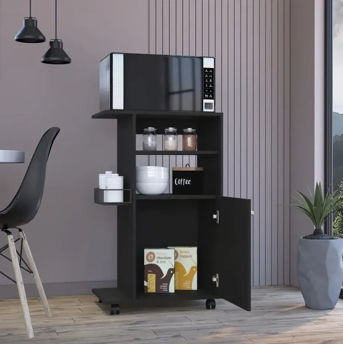 Clip Kitchen Cart, Single Door Cabinet, Four Casters - Black