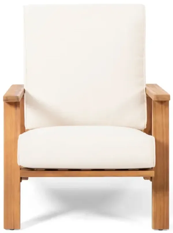 Outdoor Accent Chair, Beige Fabric Cushions, 39 Inch Brown Acacia Wood - Benzara