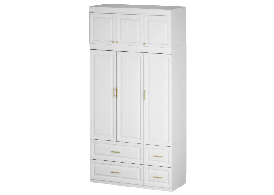 White 6-Door Big Wardrobe Armoires with Hanging Rod, 4-Drawers, Storage Shelves 93.7 in. H x 47.2 in. W x 20.6 in. D