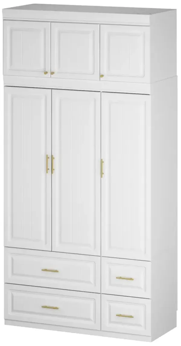 White 6-Door Big Wardrobe Armoires with Hanging Rod, 4-Drawers, Storage Shelves 93.7 in. H x 47.2 in. W x 20.6 in. D
