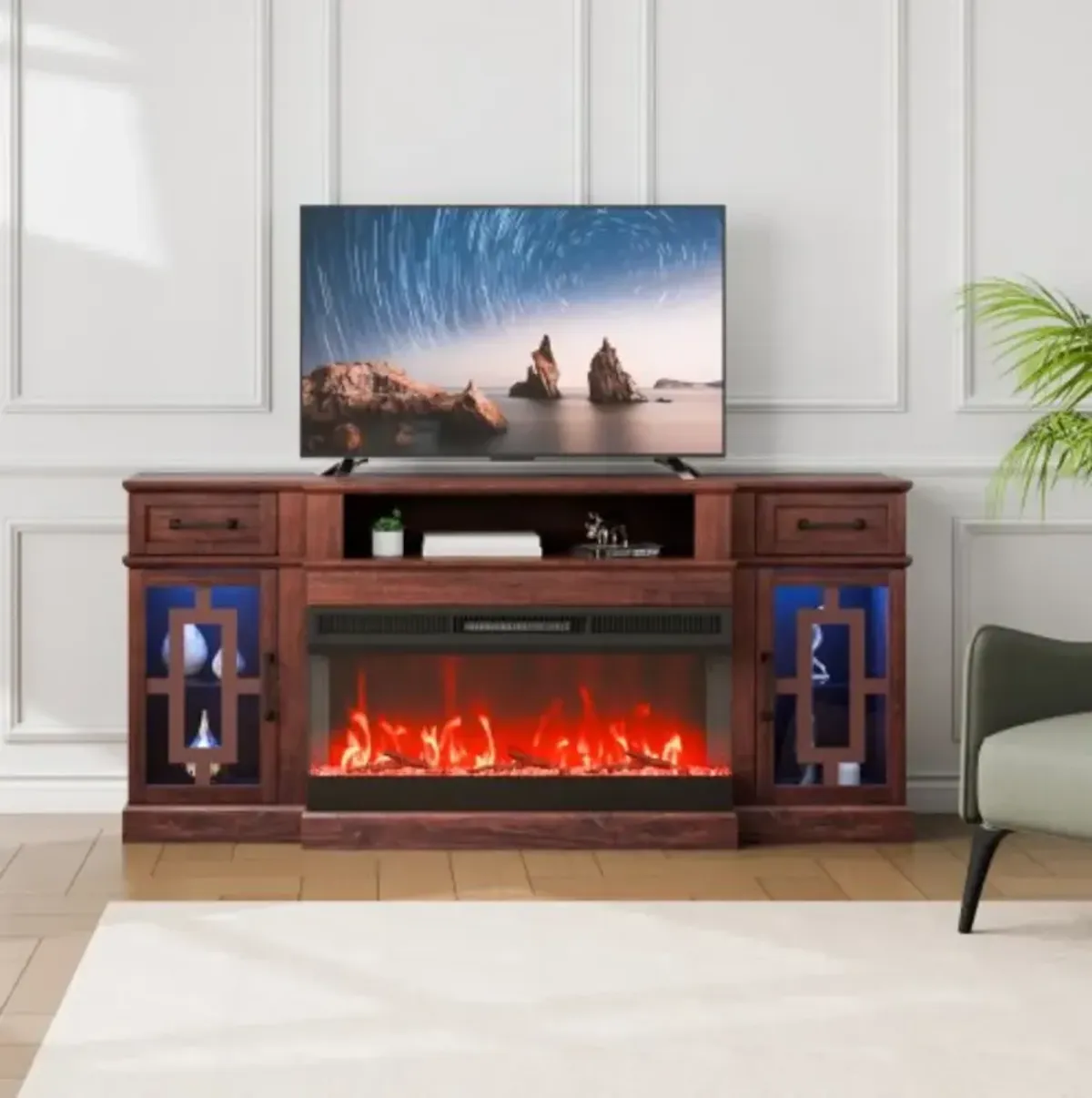Pastoral Fireplace TV Console – 70" Corner Stand with 36" LED Fireplace, Drawers, Cabinets, Remote & 20-Color LED Timer