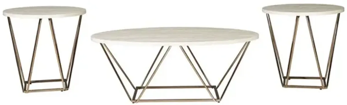 Faux Marble Table Set with 1 Coffee Table and 2 End Tables, White and Gold - Benzara