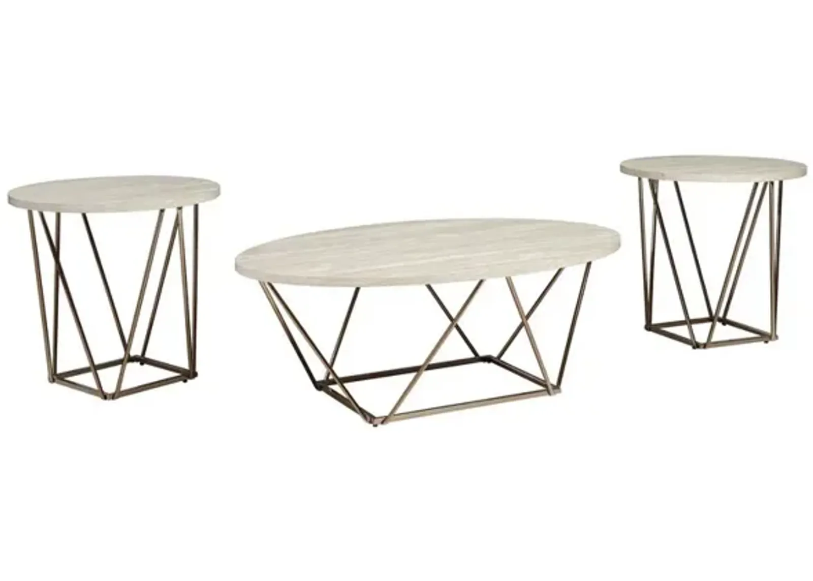 Faux Marble Table Set with 1 Coffee Table and 2 End Tables, White and Gold - Benzara