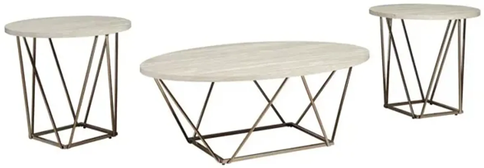 Faux Marble Table Set with 1 Coffee Table and 2 End Tables, White and Gold - Benzara