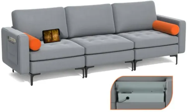 Hivvago Modular 3-Seat Sofa Couch with Socket USB Ports and Side Storage Pocket