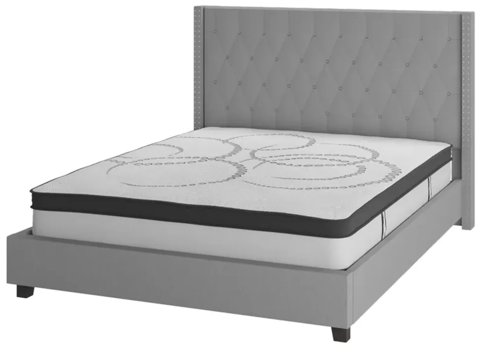 Riverdale King Size Tufted Upholstered Platform Bed in Light Gray Fabric with 10 Inch CertiPUR-US Certified Pocket Spring Mattress