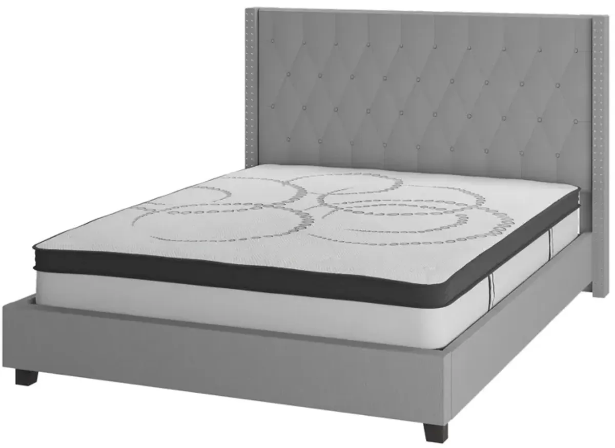 Riverdale King Size Tufted Upholstered Platform Bed in Light Gray Fabric with 10 Inch CertiPUR-US Certified Pocket Spring Mattress