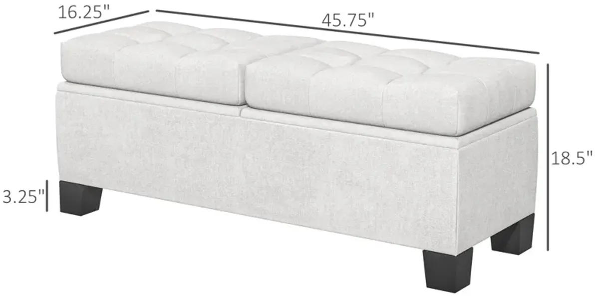 46" Cream Storage Ottoman: Button Tufted, Steel Frame