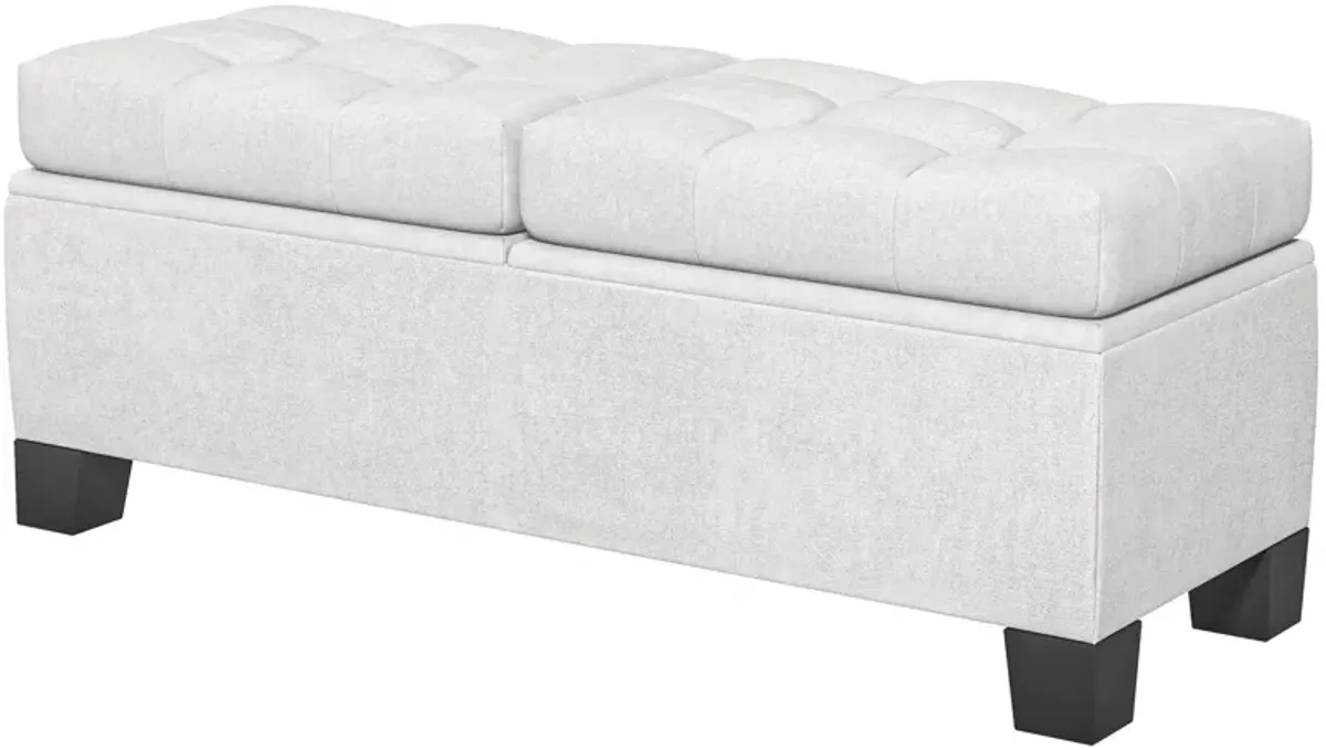 46" Cream Storage Ottoman: Button Tufted, Steel Frame