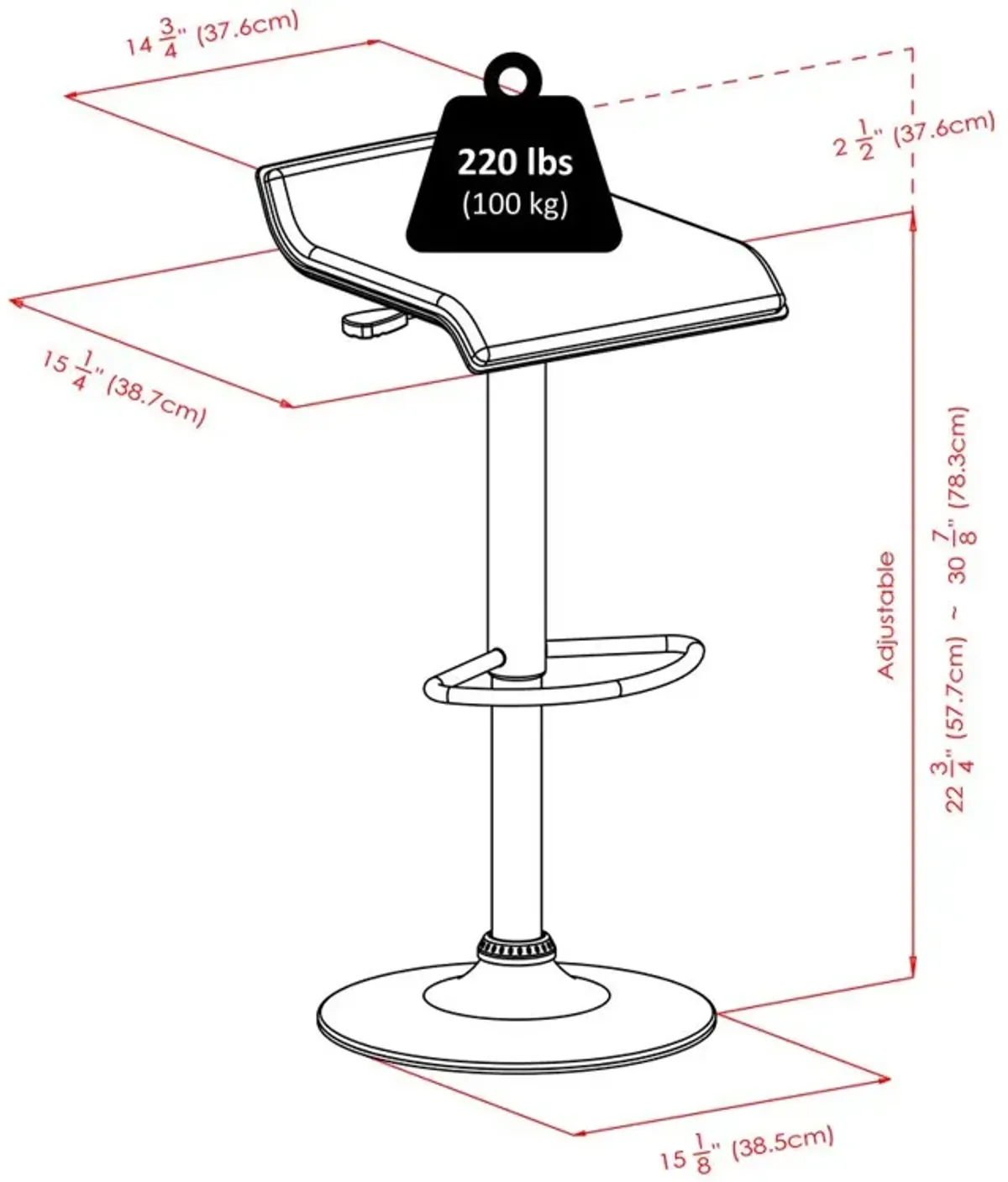 Spectrum Set of 2, Adjustable Air Lift Stool, Black Faux Leather, RTA