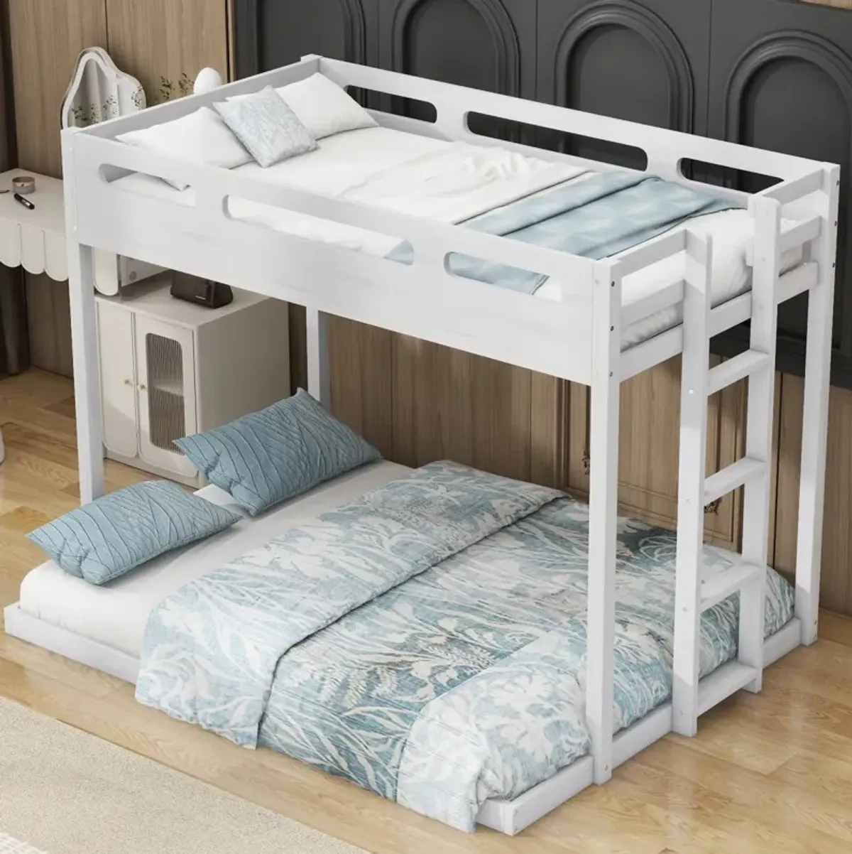 Twin Over Full Bunk Bed With Builtin Ladder, White