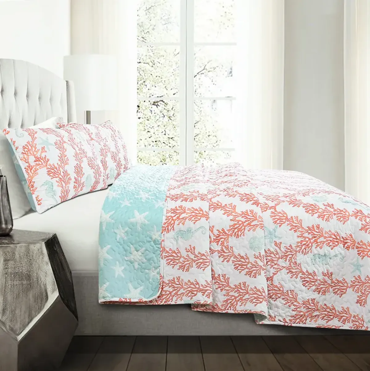 Dina Coral Blue/Coral Quilt 3Pc Set