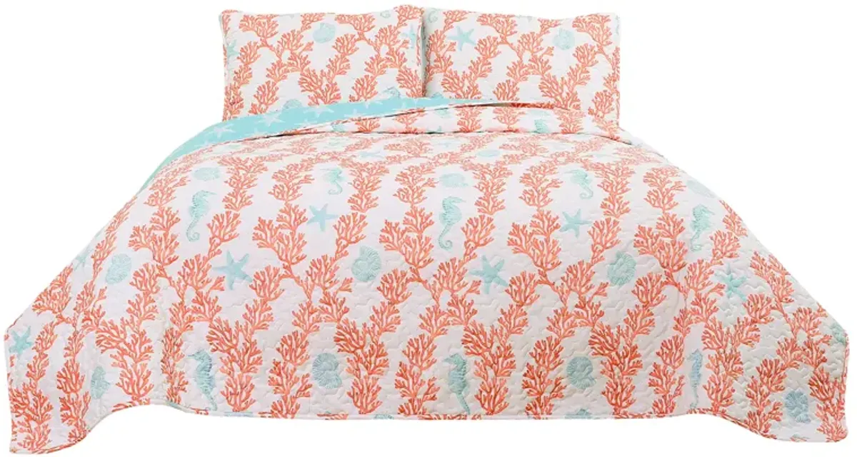 Dina Coral Blue/Coral Quilt 3Pc Set