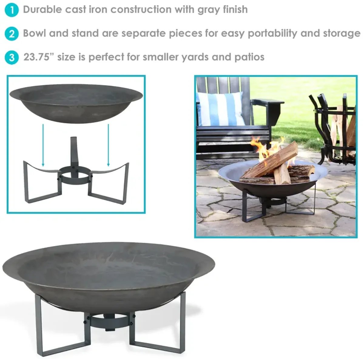 Sunnydaze 24 in Modern Cast Iron Fire Pit Bowl with Stand - Black