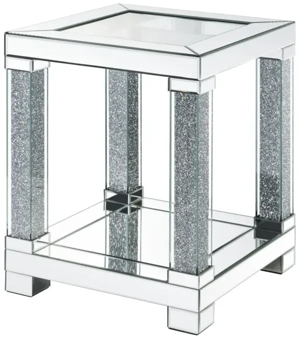End Table with Faux Gemstone Accents and Mirrored Open Bottom Shelf, Silver-Benzara