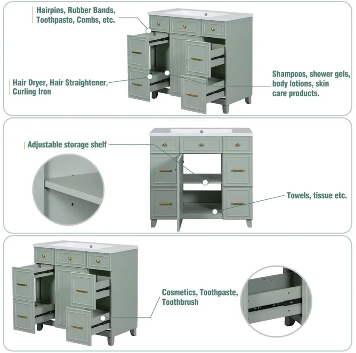 Gewnee 36" Bathroom Vanity Cabinet, Green