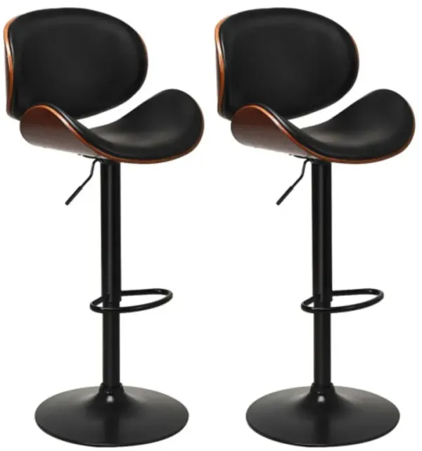 Set of 2 Adjustable Swivel PU Leather Bar Stools with Iron Base and Curved Footrest