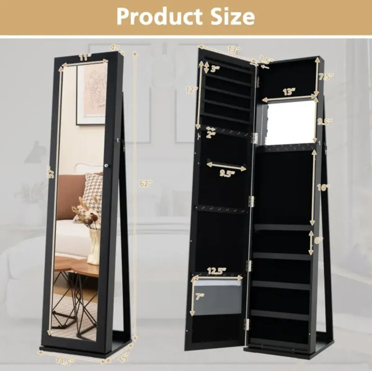 Hivvago Standing Lockable Jewelry Storage Organizer with Full-Length Mirror