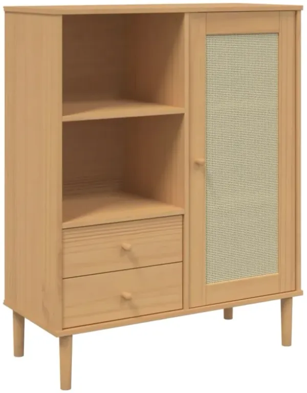 vidaXL Solid Wood Pine SENJA Highboard - Storage Cabinet with Drawers and Compartments - Brown Rattan Look - 35.4"x15.7"x44.1"