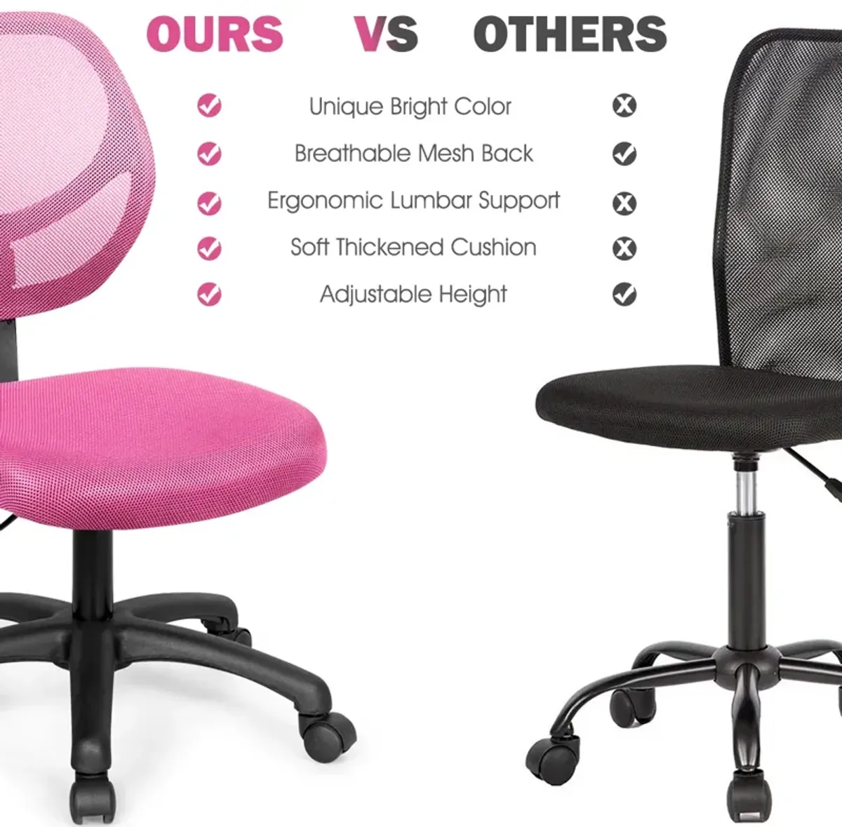 Costway Mesh Office Chair Low-Back Armless Computer Desk Chair Adjustable Height Pink