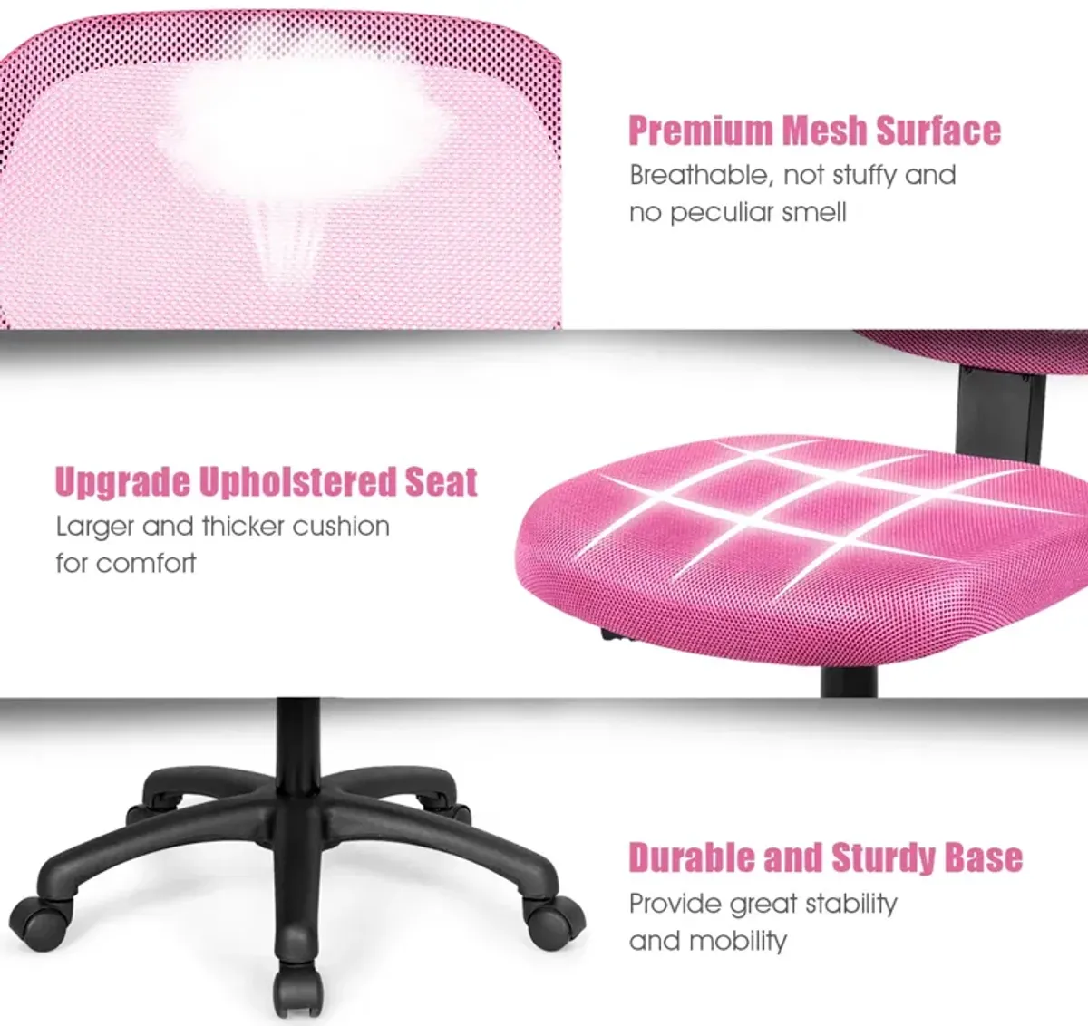 Costway Mesh Office Chair Low-Back Armless Computer Desk Chair Adjustable Height Pink