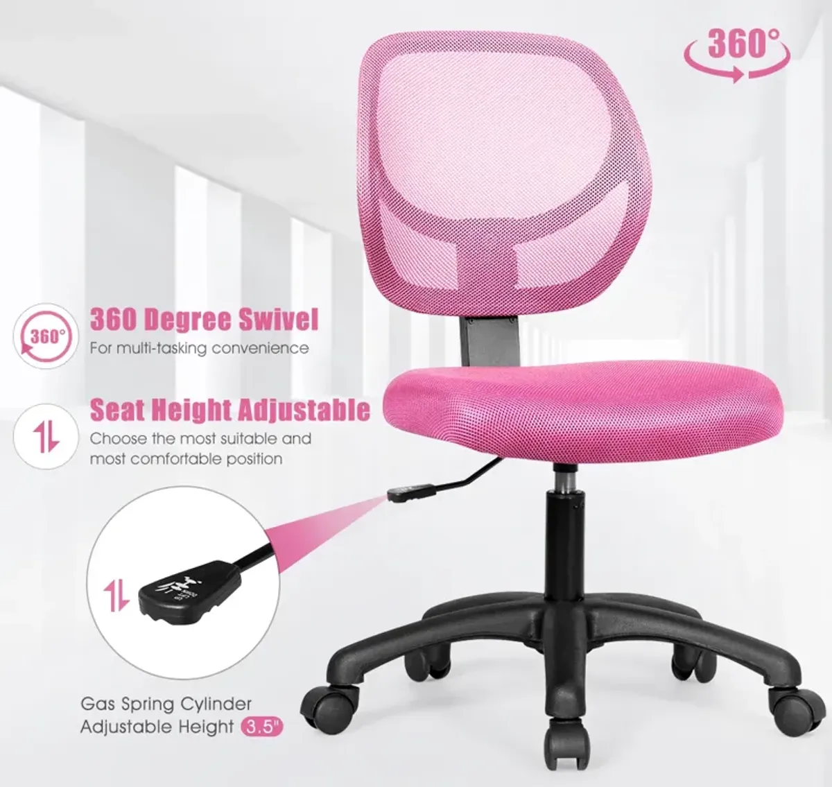 Costway Mesh Office Chair Low-Back Armless Computer Desk Chair Adjustable Height Pink