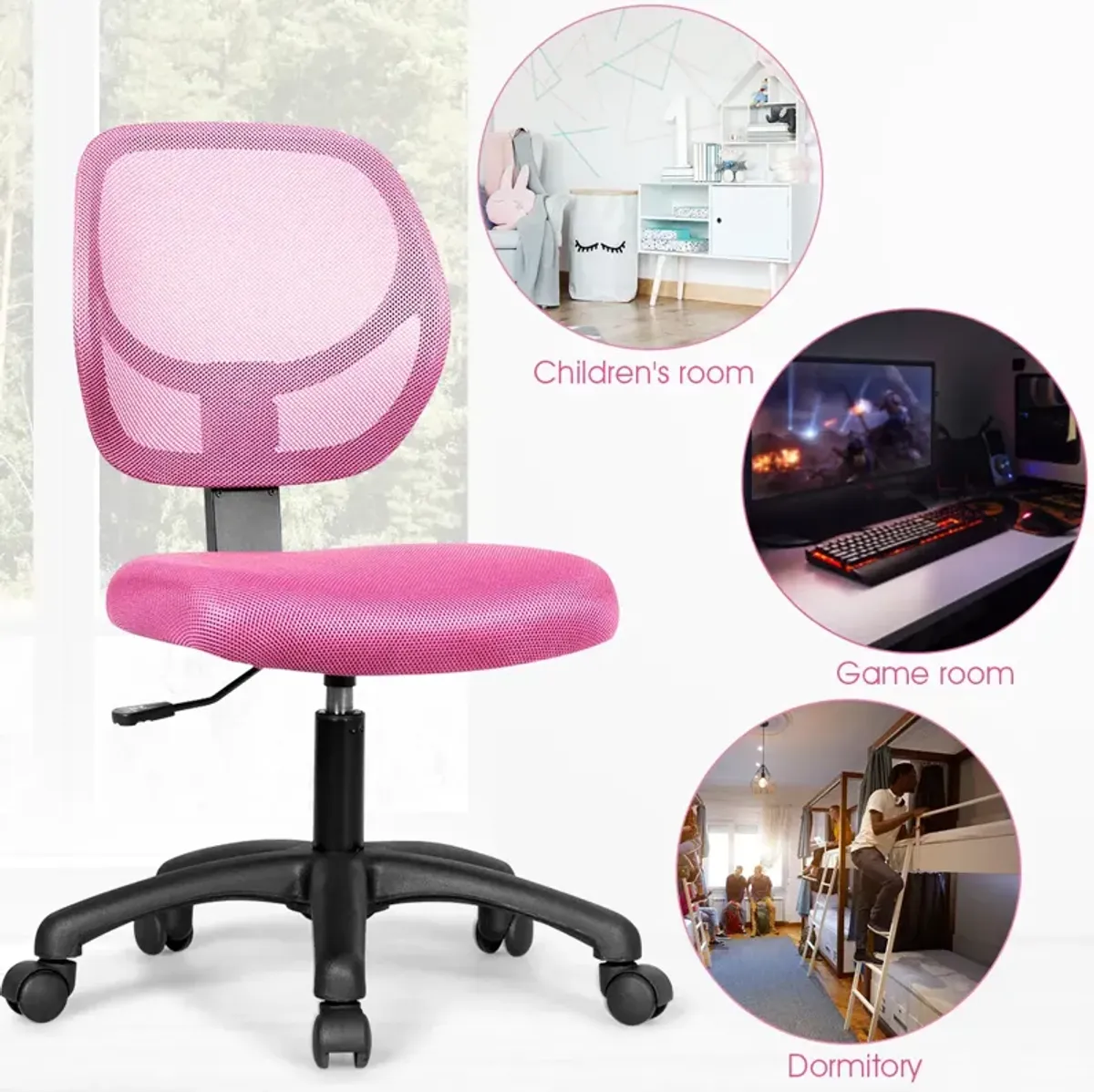 Costway Mesh Office Chair Low-Back Armless Computer Desk Chair Adjustable Height Pink