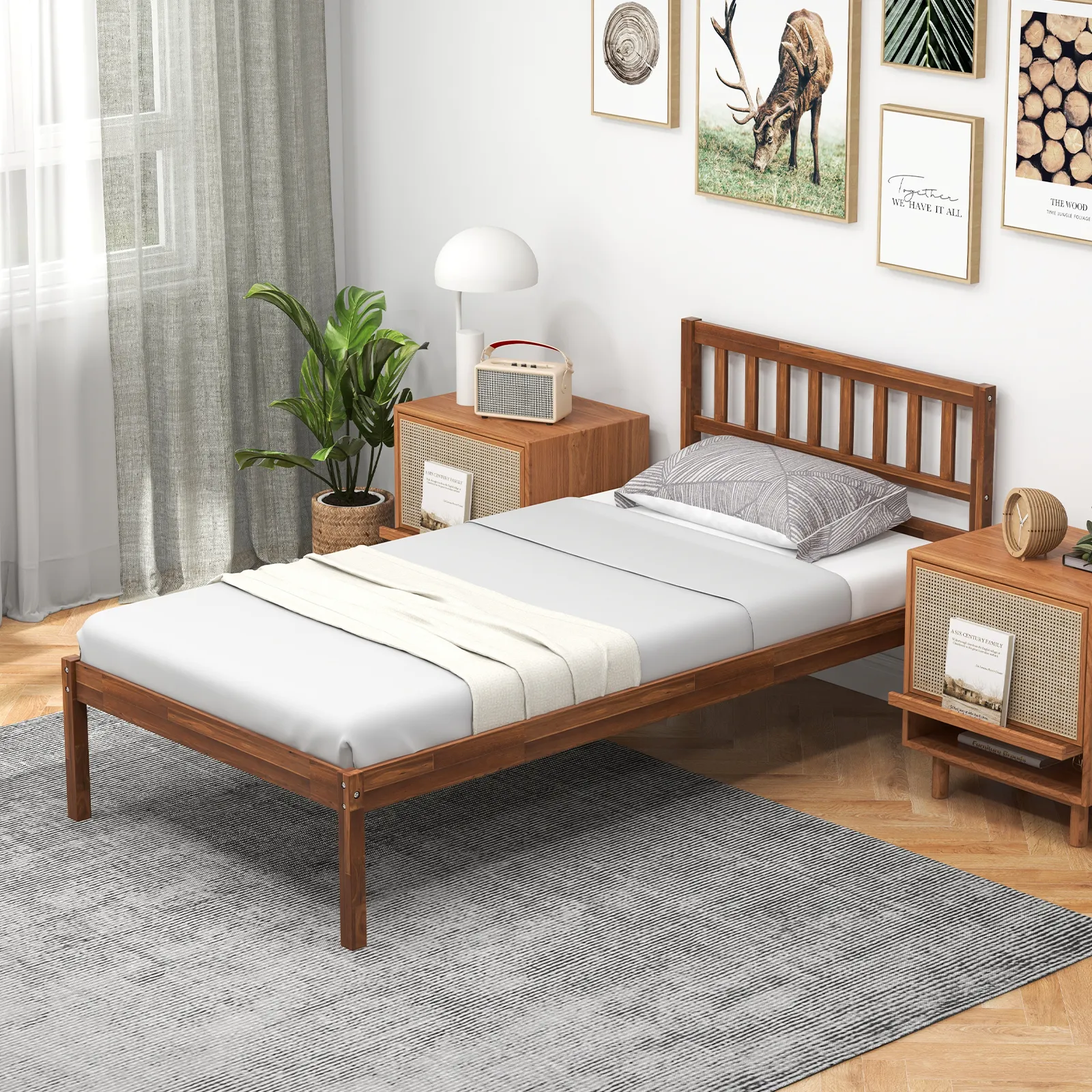 Wood Bed Frame with Headboard and Slat Support