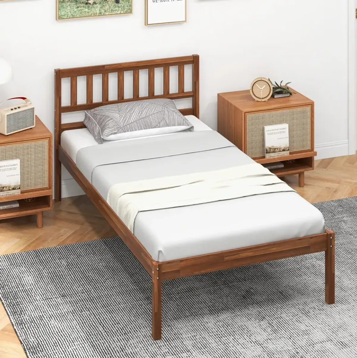 Wood Bed Frame with Headboard and Slat Support