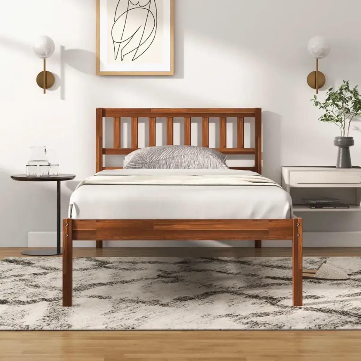 Wood Bed Frame with Headboard and Slat Support